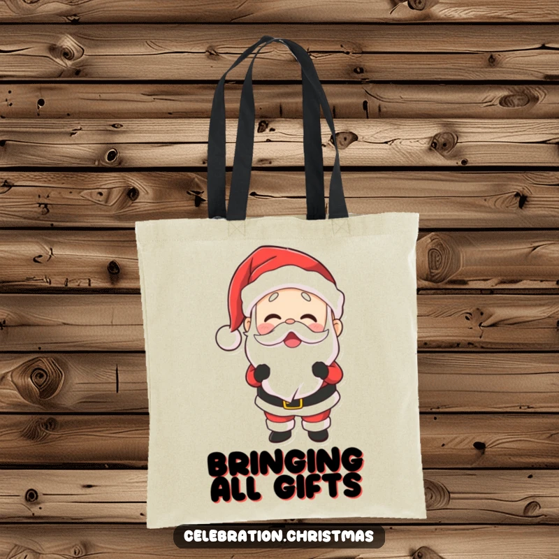 Funny tote bag with Santa Claus laughing heartily, his belly shaking, perfect for holiday shopping and errands.