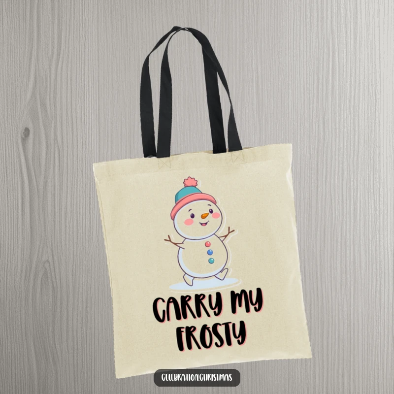 Funny tote bag featuring a snowman character with a tilted hat, waddling with delight, perfect for carrying winter essentials.