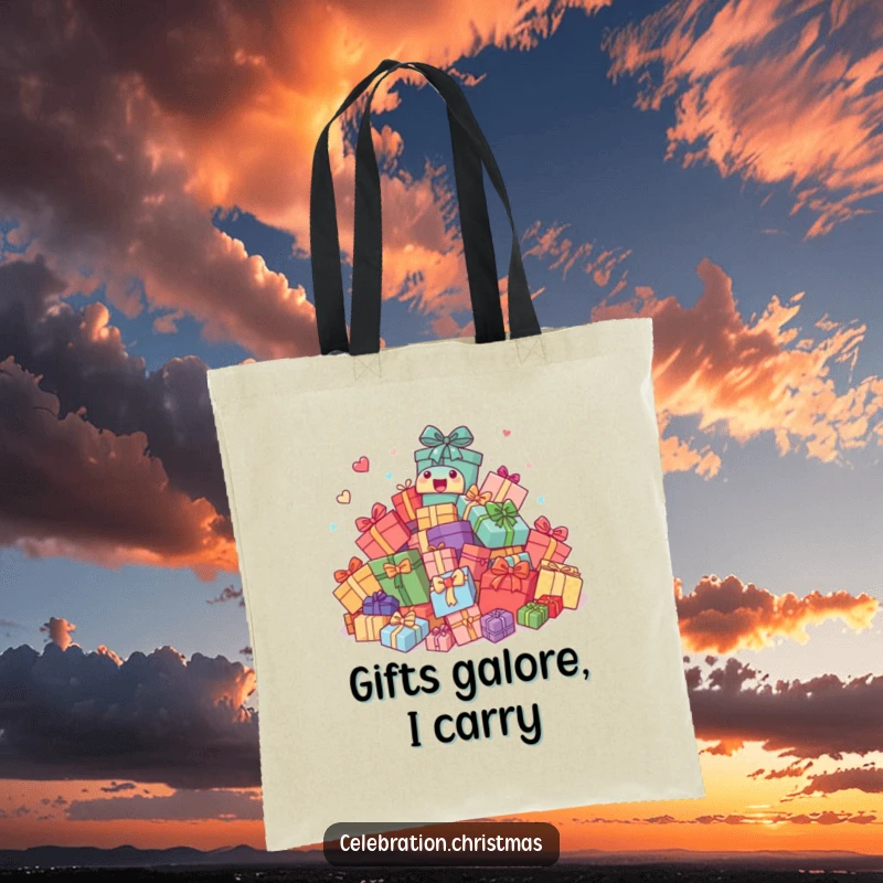 Funny Tote Bag: A stack of presents comically bouncing with unrestrained excitement, perfect for carrying groceries with a smile.