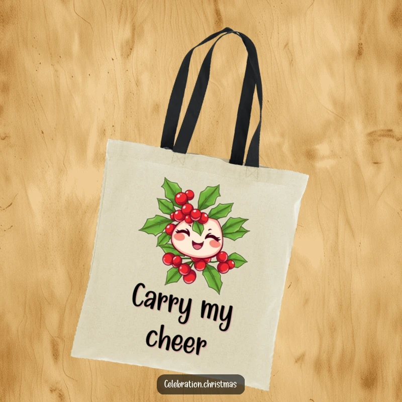 Funny winking holly branch tote bag with cheerful berries, great for errands and a delightful funny gift.