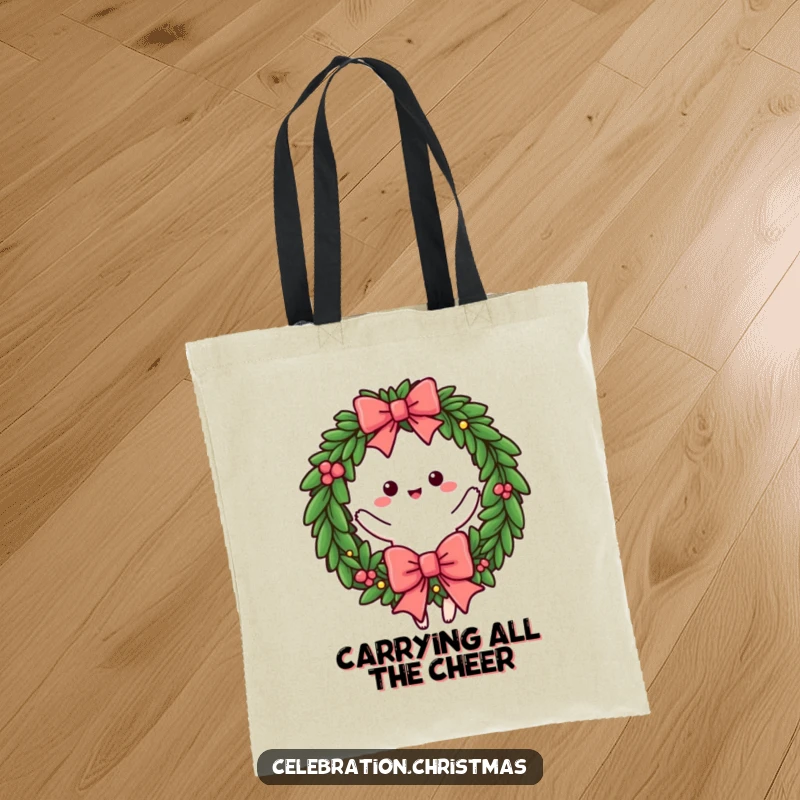 Funny tote bag with a festive wreath character mid-twirl, a large bow completing the joyful holiday look, funny gift.