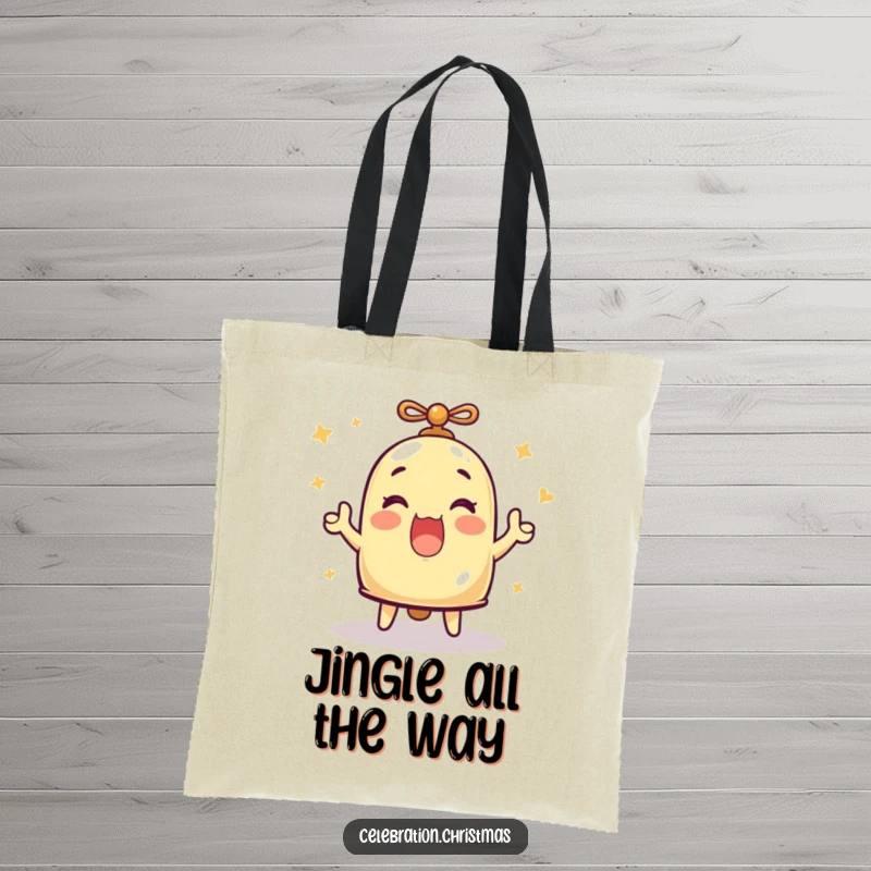 Funny tote bag with a bell character enthusiastically ringing, embodying cheerful sounds and happy moments, funny gift.