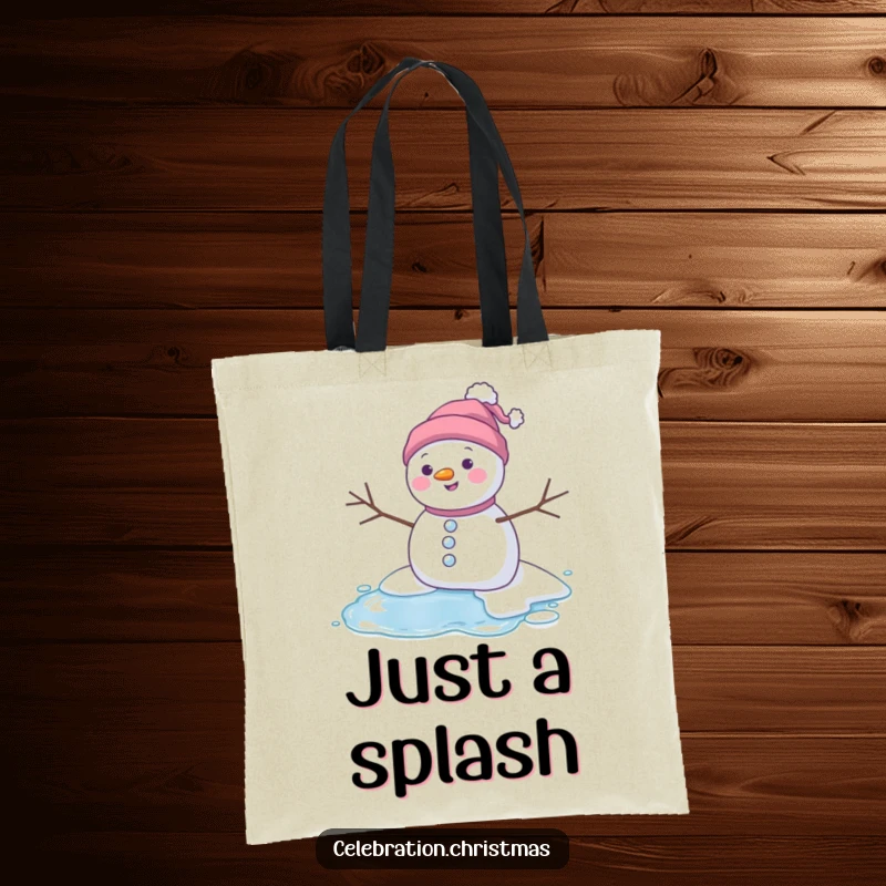Funny melting snowman tote bag depicting a character happily melting into a puddle, great for carrying essentials with winter humor.