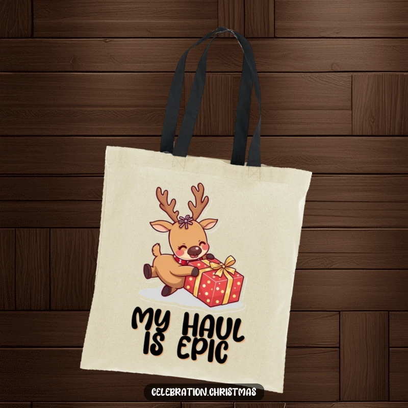 Funny reindeer tote bag with a comical character stumbling over a wrapped present, a humorous and practical accessory for holiday shopping.
