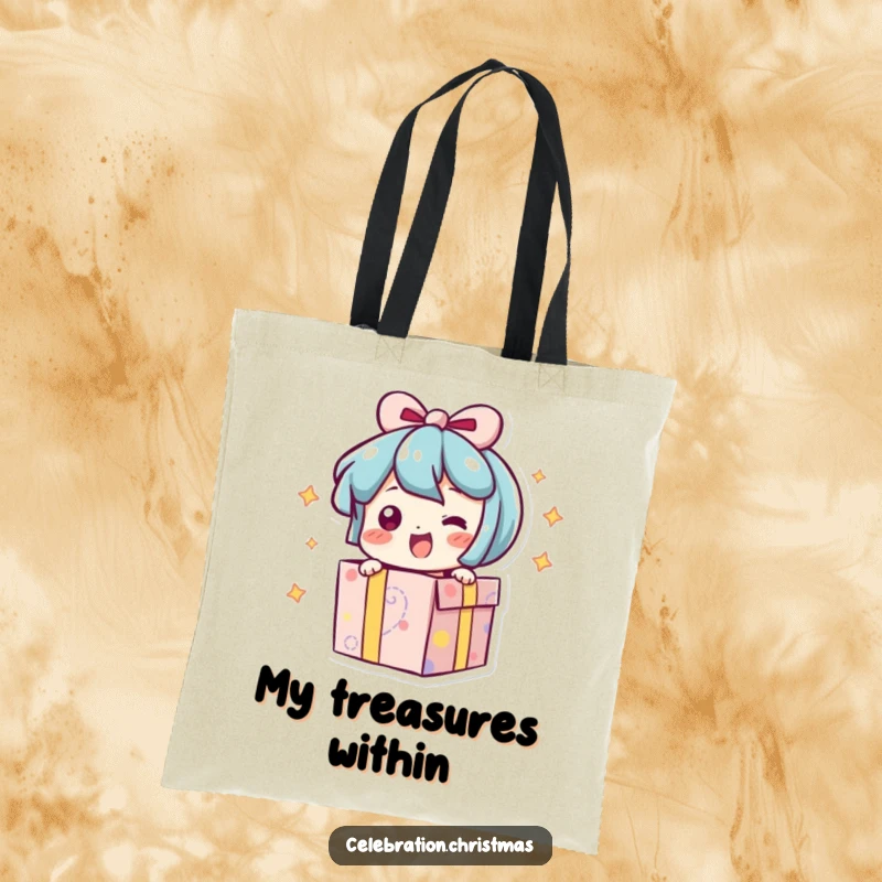 Funny tote bag depicting a present character bursting open with an excited wiggle, perfect for holiday errands.