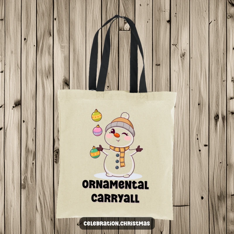 Funny kawaii snowman winking mischievously, juggling colorful Christmas ornaments on a durable tote bag, great for shopping.
