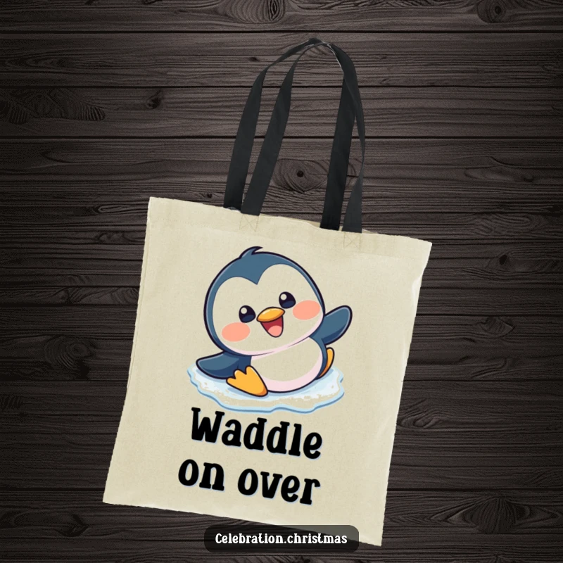 Funny, happy kawaii penguin slipping and sliding on ice with a big grin on a durable tote bag.